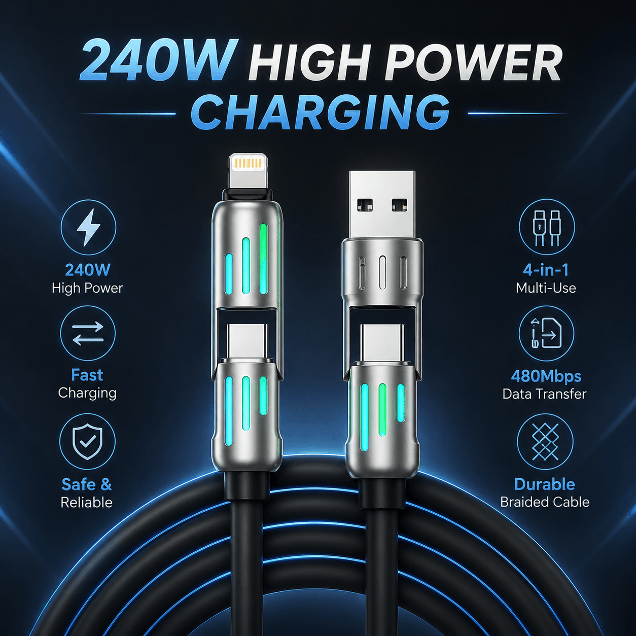 4-in-1 Multi USB (240W) Ultra Universal Charging Cable trendy gulf